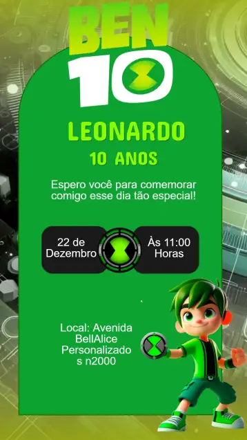 Convite Convite Aniversário Ben10 para aniversário infantil – tema aniversário infantil (cores vibrantes, super-heróis, aventura, moderno, divertido, infantil)