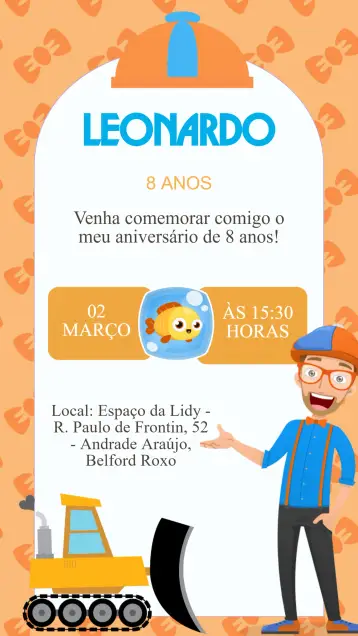 Convite Convite Aniversário Blippi editável e personalizável