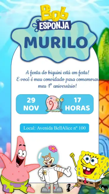 Convite SpongeBob Birthday Invitation para kids birthday – tema kids' birthday party (colorful, navy blue, fun, childlike, tropical)