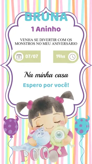 Convite Convite Aniversário Boo Monstros SA para aniversário infantil – tema aniversário infantil (colorido, divertido, ilustrações de monstros, brincalhão, infantil)