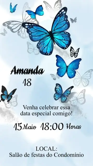 Convite Convite Aniversário Borboleta Azul para aniversário feminino – tema aniversário (floral, azul, elegante, delicado, moderno, místico)