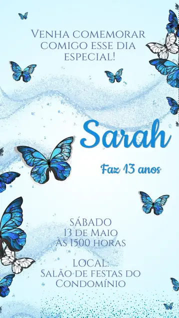 Convite Convite Aniversário Borboleta Azul editável e personalizável