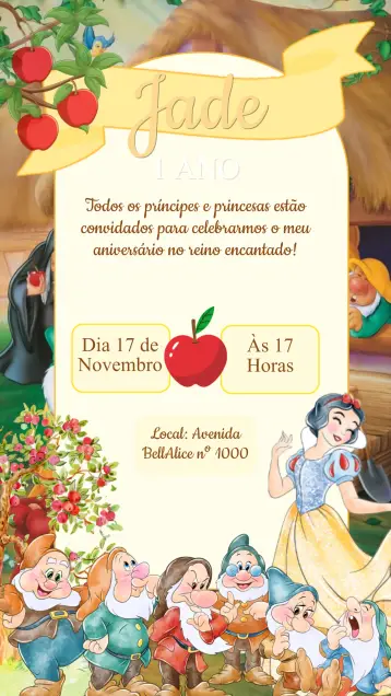 Convite Convite Aniversário Branca de Neve editável e personalizável