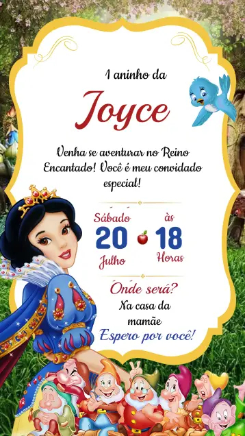 Convite Convite Aniversário Branca de Neve editável e personalizável