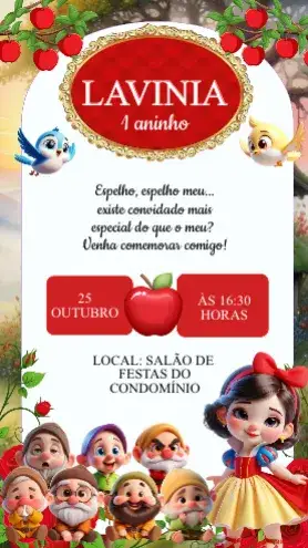 Convite Convite Aniversário Branca de Neve Baby para aniversário infantil – tema aniversário infantil (cores vibrantes, estilo cinderela, elementos de contos de fadas, design encantador, estética mágica)