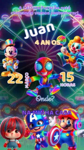 Convite Carreta Furacão Birthday Invitation para kids birthday – tema kids' birthday party (colorful, lively, themed, fun-filled, vibrant, childlike)