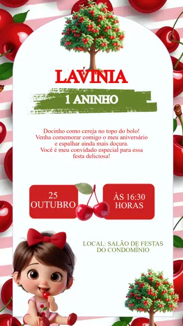 Convite Invitación Cumpleaños Cerezita para cumpleaños infantil – tema cumpleaños infantil (colorido, frutal, natural, divertido, delicado)