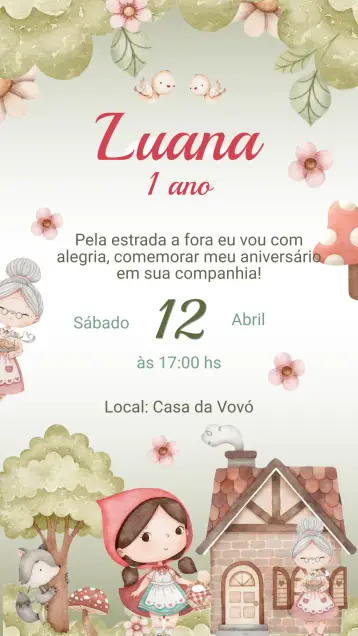 Convite Convite Aniversário Chapeuzinho Vermelho editável e personalizável