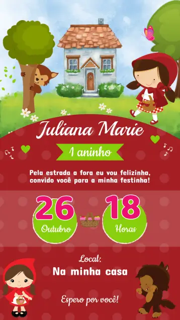 Convite Convite Aniversário Chapeuzinho Vermelho editável e personalizável