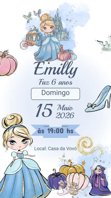 Convite Convite Aniversário Cinderela editável e personalizável