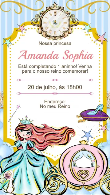 Convite Convite Aniversário Cinderela editável e personalizável