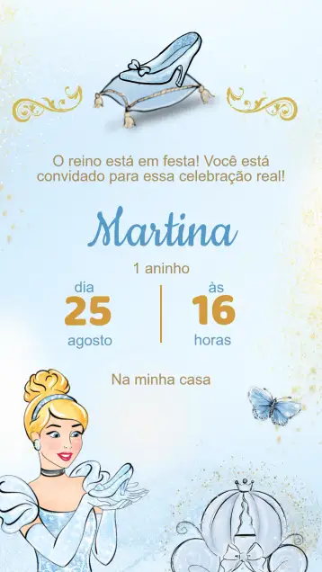 Convite Convite Aniversário Cinderela para aniversário infantil – tema aniversário infantil (mágico, pastel, princesa, contos de fadas, brilho, delicado)