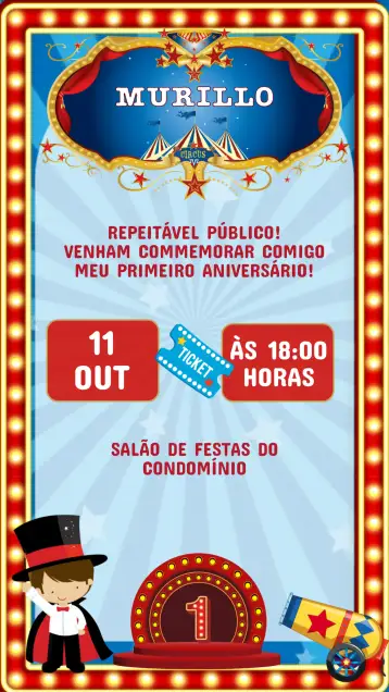 Convite Convite Aniversário Circo Menino para aniversário infantil – tema aniversário infantil (colorido, divertido, lúdico, brincalhão, circense)