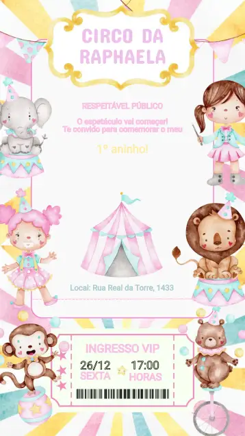Convite Convite Aniversário Circo Rosa para aniversário infantil – tema aniversário infantil (rosa, circo, divertido, colorido, infantil, festivo)