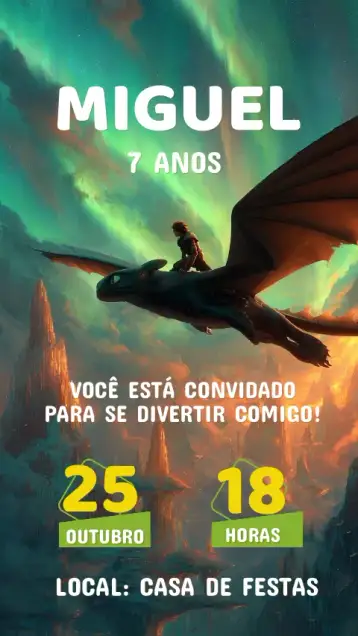Convite Convite Aniversário Como treinar O seu dragão para aniversário infantil com tema de dragões. – tema aniversário infantil (colorido, fantasia, aventura, ilustrações infantis, estilo cartoon, temática de dragões)