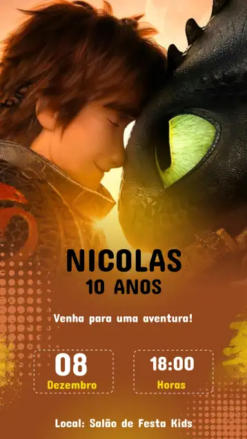 Convite Convite Aniversário Como treinar O seu dragão para aniversário infantil com tema de aventura e fantasia. – tema aniversário infantil (colorido, lúdico, aventura, fantasia, moderno)