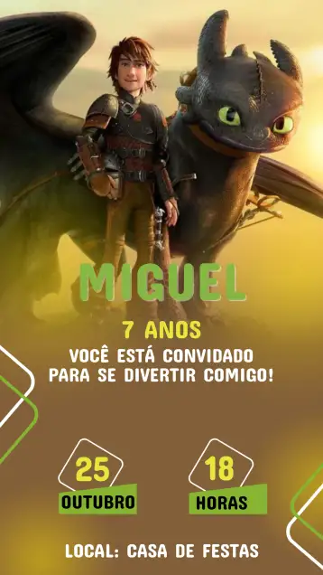 Convite Convite Aniversário Como treinar O seu dragão para aniversário infantil – tema aniversário infantil (fantasia, colorido, ilustrações de dragões, estilo cartoon, aventura)