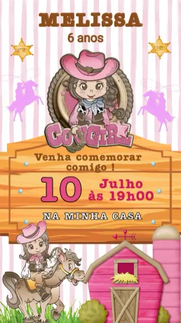 Convite Convite Aniversário Cowgirl editável e personalizável