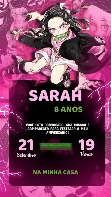 Convite Convite Aniversário Damon Slayer editável e personalizável
