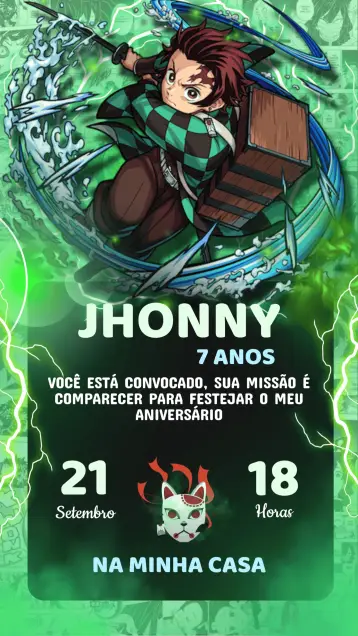 Convite Convite Aniversário Damon Slayer - Tanjiro editável e personalizável