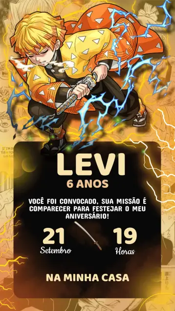 Convite Convite Aniversário Damon Slayer - Zenitsu Agatsuma editável e personalizável