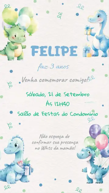 Convite Invitación Cumpleaños Dino Baby para cumpleaños infantil – tema cumpleaños infantil (acuarela, colorido, lúdico, moderno, animado, infantil)