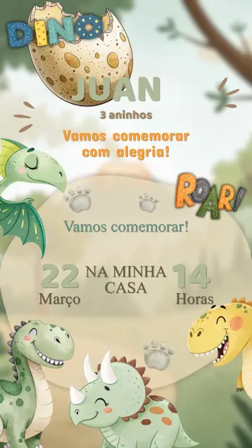 Convite Convite Aniversário Dino Cute editável e personalizável