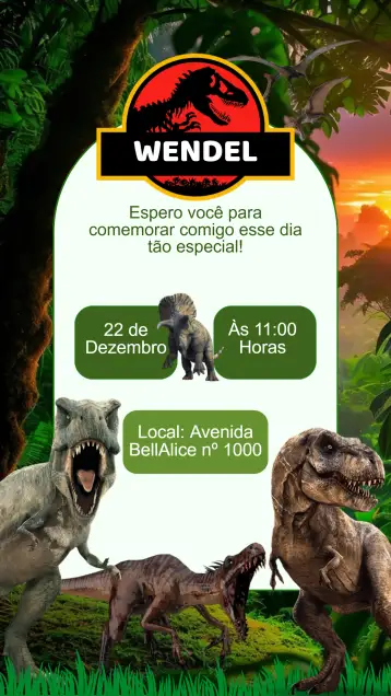Convite Dinosaur Birthday Invitation para kids birthday with dinosaur theme. – tema kids' birthday party (Jurassic, Adventure, Jungle, Prehistory, Vibrant colors, Fun graphic elements)