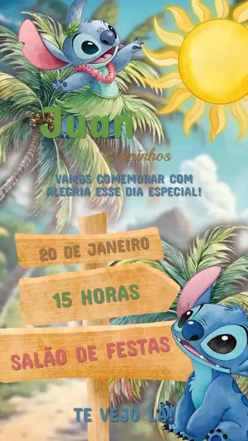 Convite Convite Aniversário do Stitch – tema Aniversário Infantil colorido, divertido, temático, alegre, infantil
