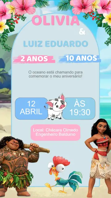 Convite Convite Aniversário Duplo Moana para aniversário infantil com tema moana. – tema aniversário infantil (tropical, aventura, marinho, colorido, Disney, ilha)