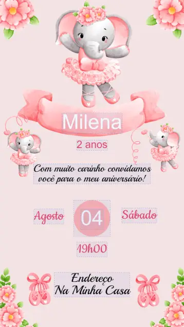 Convite Convite Aniversário Elefanta bailarina editável e personalizável