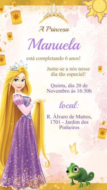Convite Convite Aniversário Enrolados editável e personalizável