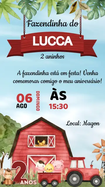 Convite Convite Aniversário Fazendinha para aniversário infantil com tema fazendinha. – tema aniversário infantil (rural, colorido, divertido, infantil, ilustrações de animais, natureza)
