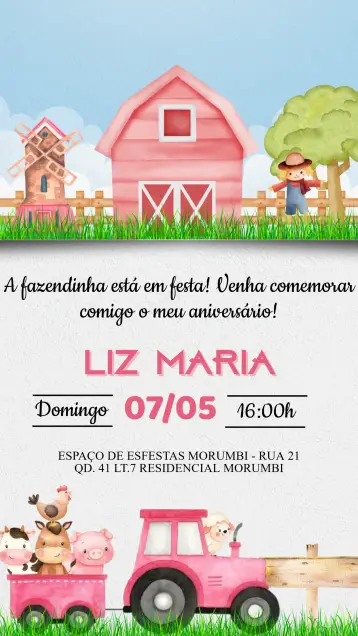 Convite Convite Aniversário Fazendinha editável e personalizável