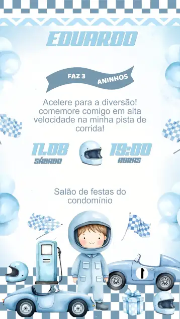Convite Invitación Cumpleaños Fórmula 1 para cumpleaños infantil con tema fórmula 1. – tema cumpleaños infantil (colores vibrantes, estilo deportivo, elementos gráficos de carreras, diseño dinámico, inspirado en autos de carrera, tema velocidad)