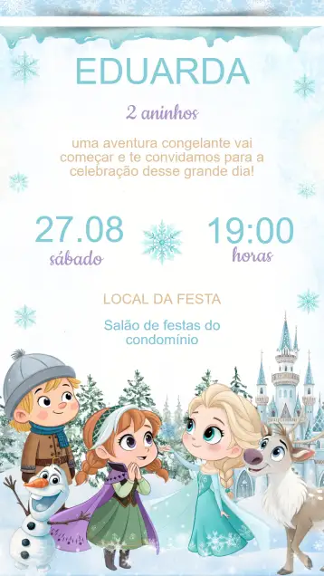 Convite Convite Aniversário Frozen para aniversário infantil com tema frozen. – tema aniversário infantil (cores pastel, estilo lúdico, elementos de inverno, ilustrações de personagens, design encantado, estilo festivo)
