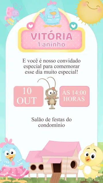 Convite Convite Aniversário Galinha Pintadinha Rosa editável e personalizável