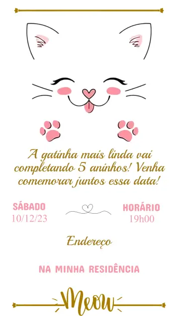 Convite Convite Aniversário Gatinha editável e personalizável
