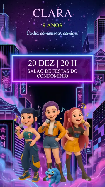 Convite Convite Aniversário Guerreira K-Pop editável e personalizável