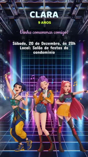 Convite Convite Aniversário Guerreira K-Pop para aniversário infantil com tema k-pop. – tema aniversário infantil (cores vibrantes, estilo moderno, gráficos dinâmicos, elementos K-Pop, design jovem, estética divertida)