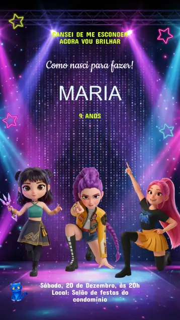 Convite Convite Aniversário Guerreira K-Pop editável e personalizável