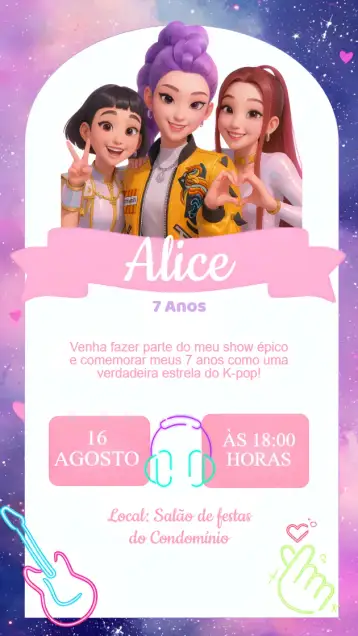 Convite Invitación Cumpleaños Guerreras del K-POP para cumpleaños femenino con tema k-pop. – tema cumpleaños infantil (brillante, moderno, colorido, dinámico, inspirado en K-POP, femenino)