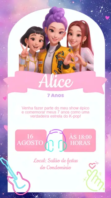 Invitación Invitación Cumpleaños Guerreras del K-POP editable y personalizable