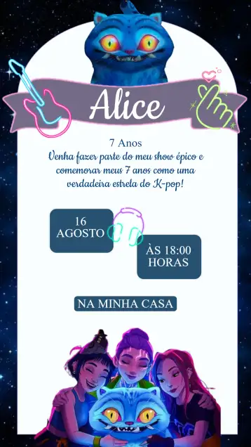 Convite Invitation Birthday K-POP Warriors para 15th birthday with k-pop theme. – tema sweet 15 (vibrant colors, modern style, K-POP graphic elements, cheerful design, pop inspiration, urban style)