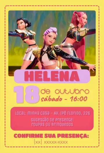 Convite Convite aniversário Guerreiras do Kpop editável e personalizável