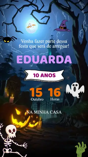 Convite Invitation Halloween Birthday para kids birthday with a halloween theme. – tema kids' birthday party (dark-themed, fun-filled, colorful, themed, magical)