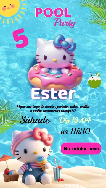 Convite Convite Aniversário Hello Kitty editável e personalizável
