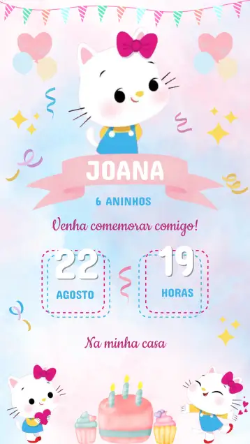 Convite Convite Aniversário Hello Kitty para aniversário infantil – tema aniversário infantil (cores suaves, lúdico, moderno, infantil, colorido)