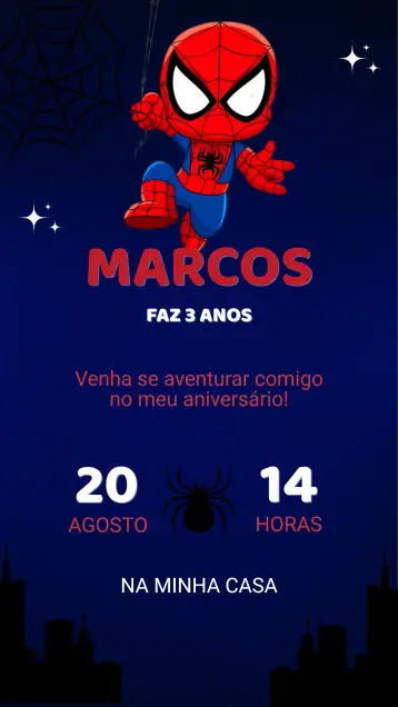 Convite Convite Aniversário - Homem Aranha para aniversário infantil – tema aniversário infantil (cores vibrantes, estilo moderno, elementos gráficos do super-herói, design divertido, tema de aventura, inspirado em quadrinhos)