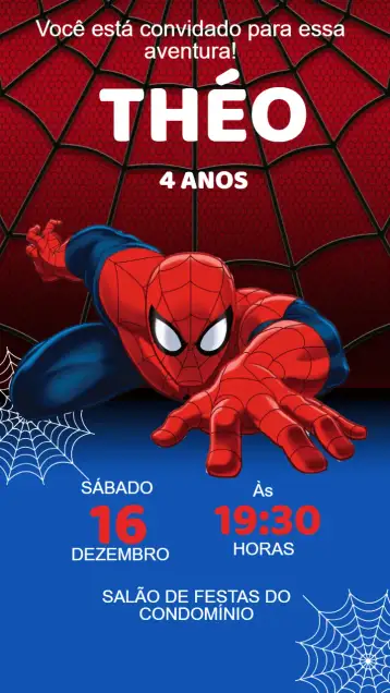 Convite Convite Aniversário Homem Aranha para aniversário infantil – tema aniversário infantil (colorido, urbano, super-herói, divertido, jovial)